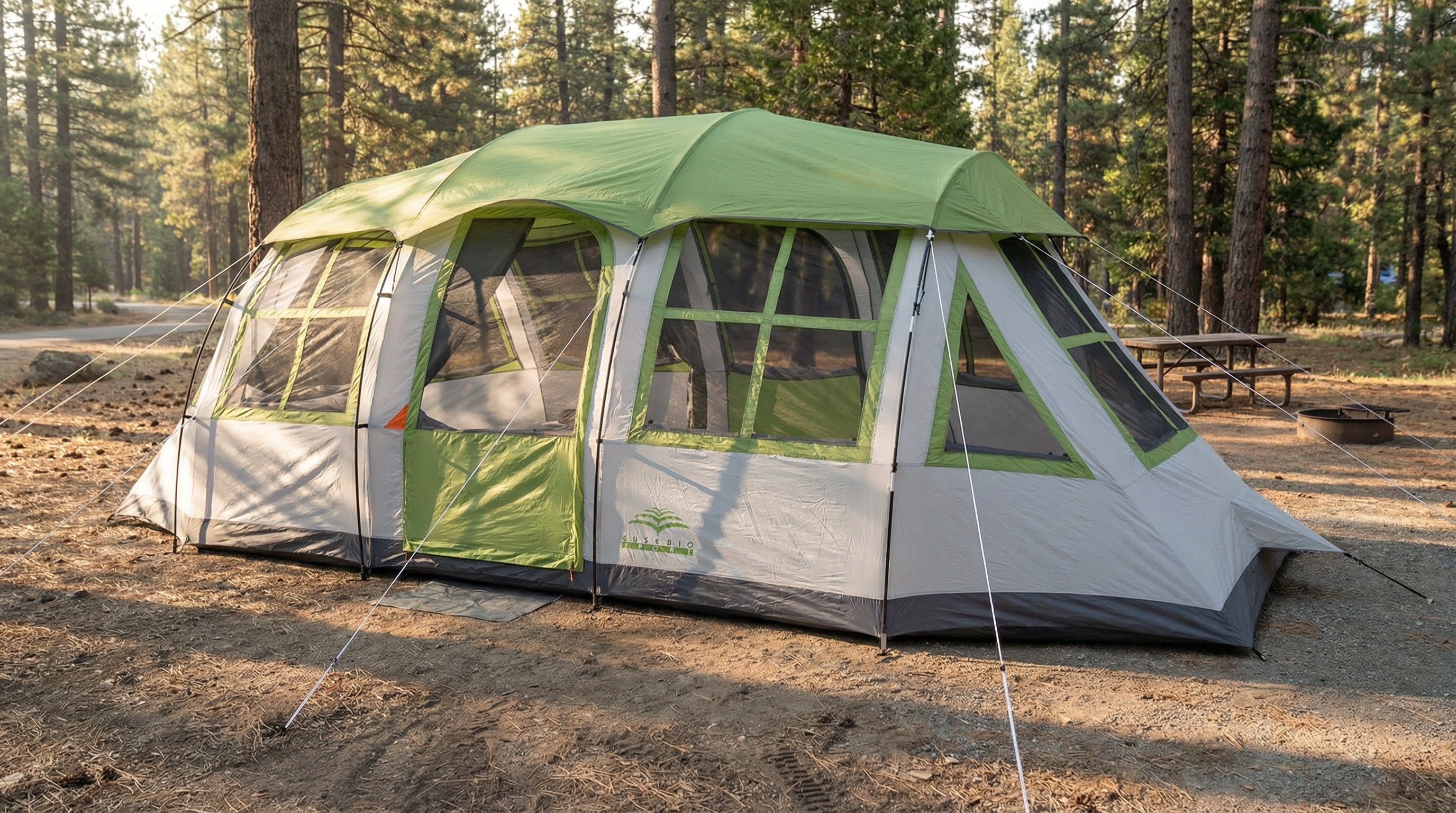 12 person group camping tent set up at campsite