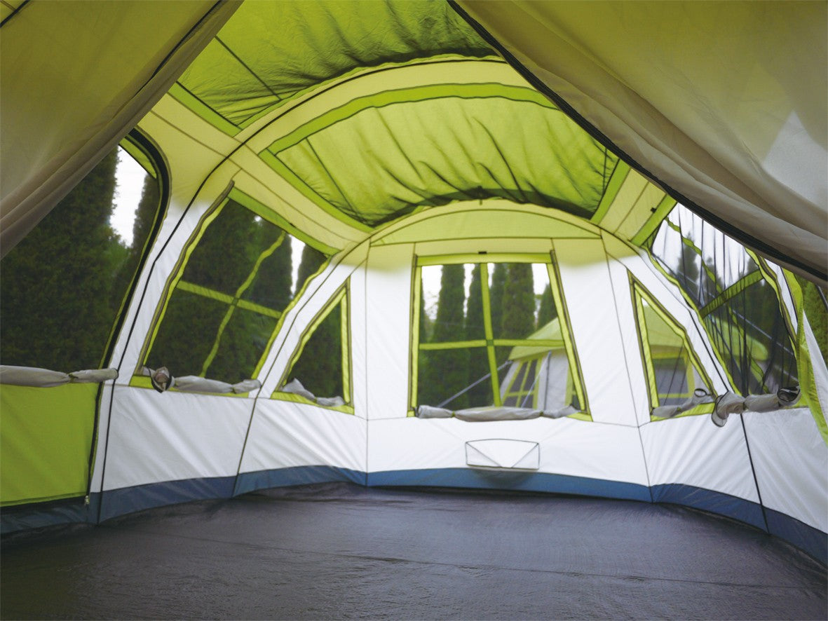 Spacious 12 person camping tent interior with divider