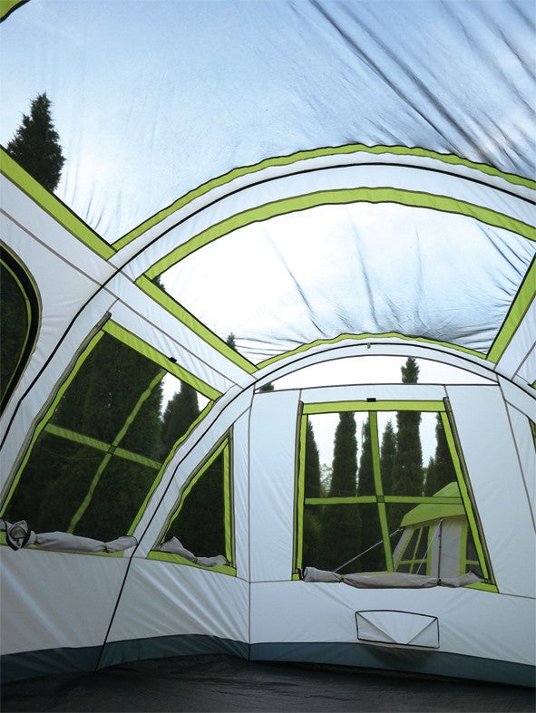 Zippered mesh windows on large family camping tent